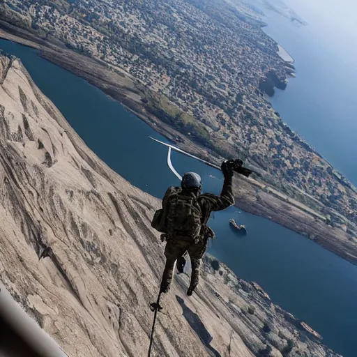 Image similar to Special Forces in grey uniform rappelling from a helicopter in Ukraine 2022, photo by Adam Ferguson, Pulitzer Winning, cinematic composition, breathtaking, modern, 2022