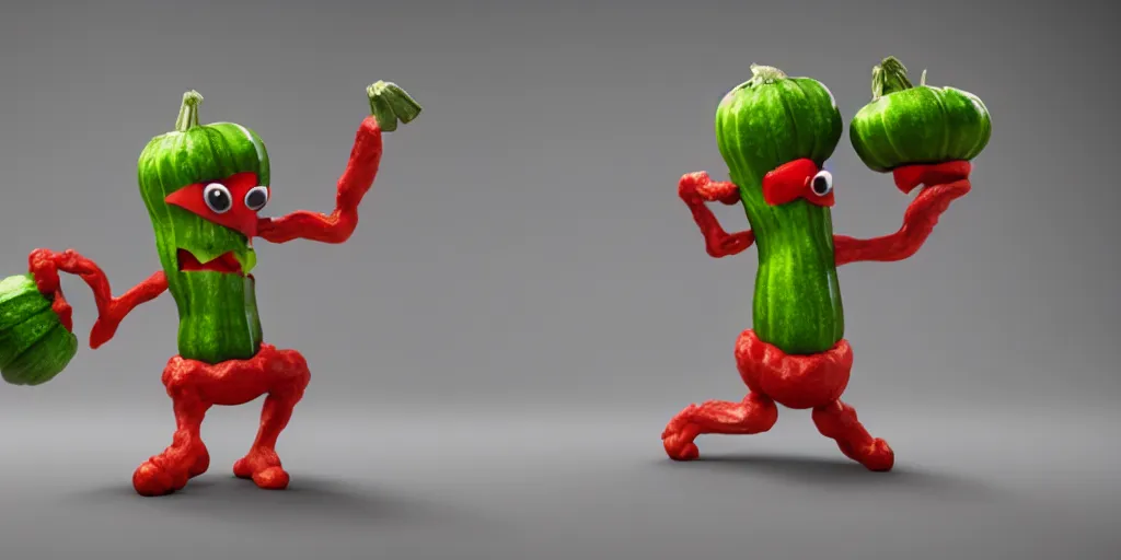 Image similar to detailed 3 d render of a masked zucchini character with arms and legs throwing knives after a frightened tomato burglar, hyper realistic octane render, cinematic lighting, deviantart, frame from independent movie