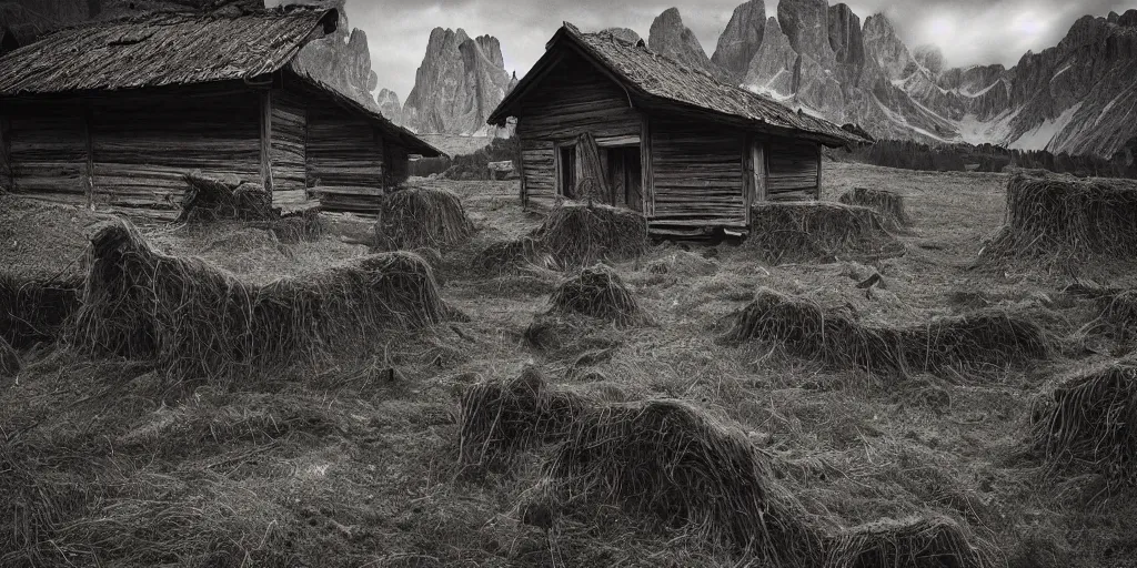 Prompt: old farmers hut overgrown by roots ,roots and hay coat, dolomites in background, dark, eerie, despair, portrait photography, artstation, digital art, concept art, artstation, highly detailed, sharp focus, by caravaggio
