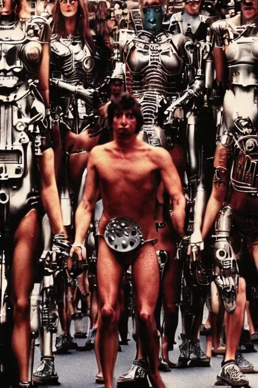 Prompt: a gang of giant, cyborg simon cowells prowling 1980s london, annie leibovitz photo hq