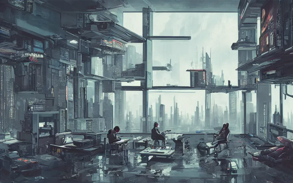 Prompt: cyberpunk loft lounge with tall windows without people with city in background, drawn by feng zhu