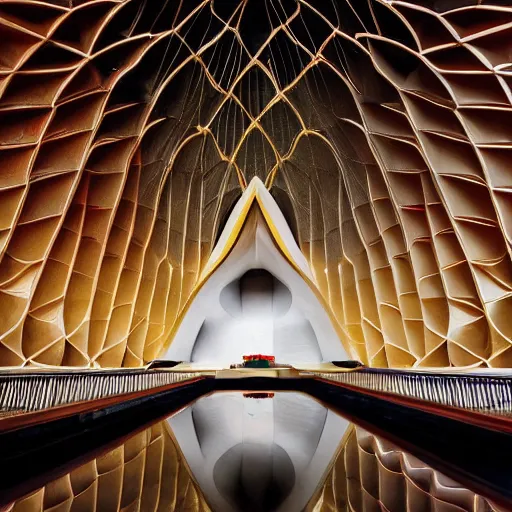 Prompt: interior of a futuristic lotus temple with gold, red and white marble panels, shafts of sunlight in the centre, in the desert, by zaha hadid, intricate contemporary architecture with art nouveau motifs, photo journalism, photography, cinematic, national geographic photoshoot