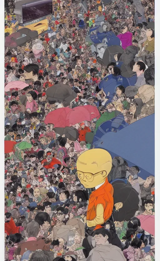 Image similar to a colorful illustration of the end of human species protesting against surpression by artificial intelligence in style of katsuhiro otomo