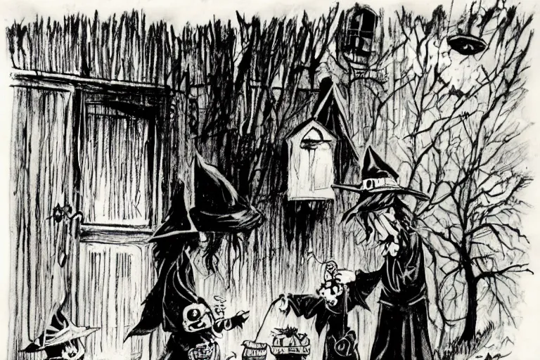 Image similar to a witch handing out candy, trick or treaters halloween night, colored pencil ink wash by scott wills and ashley wood