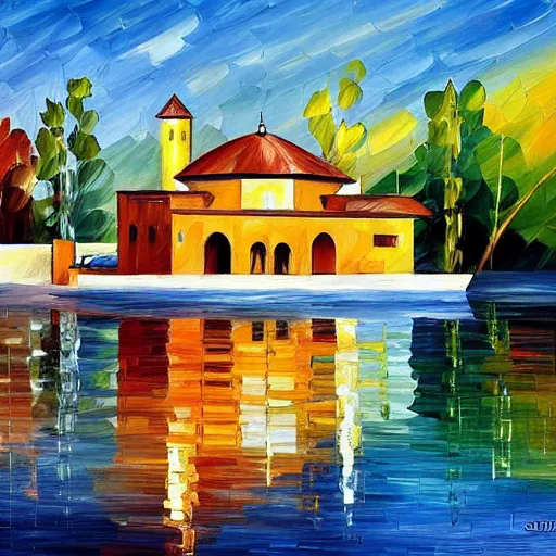 Prompt: a modern moroccan house on the lake, by leonid afremov