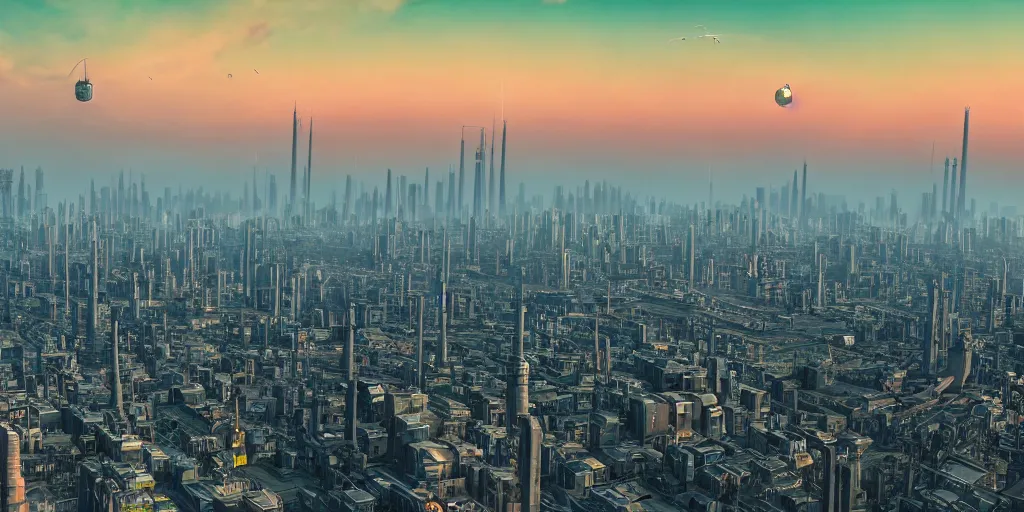 Image similar to big city like coruscant, with a green sunset smog sky, cinematic lighting, power plants with smoke, factories, tall metal towers, flying metal orbs, flying vehicles, a big moon in the sky, one blimp in the distance, a cloudy sky, mud mountains in background, hd 4k photo