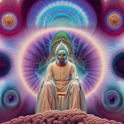 Image similar to obatala the cosmic god sitting on a throne of nebula clouds, by Adi granov and afarin sajedi and amanda sage and evgeni gordiets and Agostino Arrivabene in a psychedelic portrait style, ultrarealistic matte painting, volumetric lighting, fractal, extremely symmetrical, highly detailed face, orisha, 8k, hd