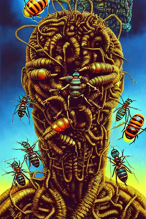 Prompt: a hyperrealistic painting of an epic boss fight against a mechanical hornets nest in a suburban neighborhood on a sunny day, cinematic horror by chris cunningham, lisa frank, richard corben, highly detailed, vivid color,