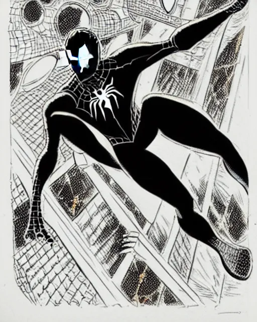 Image similar to sketch of a gold and black spider - man by steve ditko