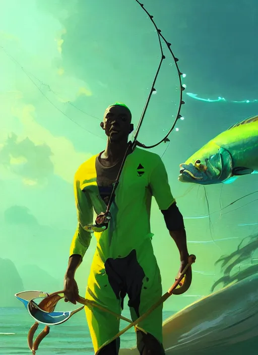 Image similar to portrait of a male jamaican fisherman sci - fi glowing fishing armor fishing rod cyberpunk muscular intricate elegant highly detailed digital painting artstation concept art, ocean background, yellow green black, cinematic, greg rutkowski, loish, rhads, ferdinand knab, makoto shinkai and lois van baarle, ilya kuvshinov, rossdraws, tom bagshaw