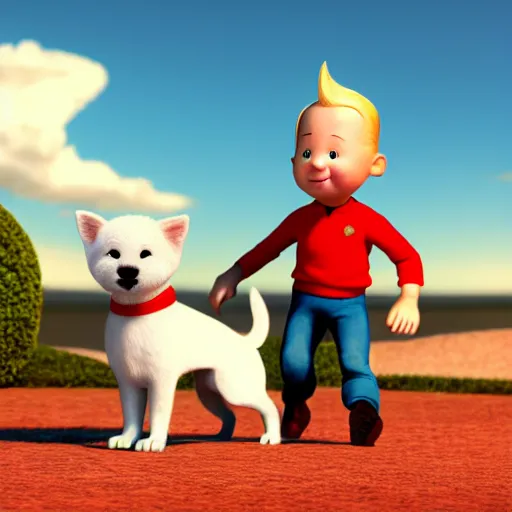 Image similar to tintin and his tiny white fox terrier, depicted as a pixar character, high quality cg render, 8 k