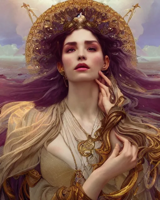 Image similar to a beautiful close up portrait of a sorceress floating on air with elegant looks, flowing robe, ornate and flowing, intricate and soft by ruan jia, tom bagshaw, alphonse mucha, wlop, beautiful roman architectural ruins in the background, epic sky, vray render, artstation, deviantart, pinterest, 5 0 0 px models