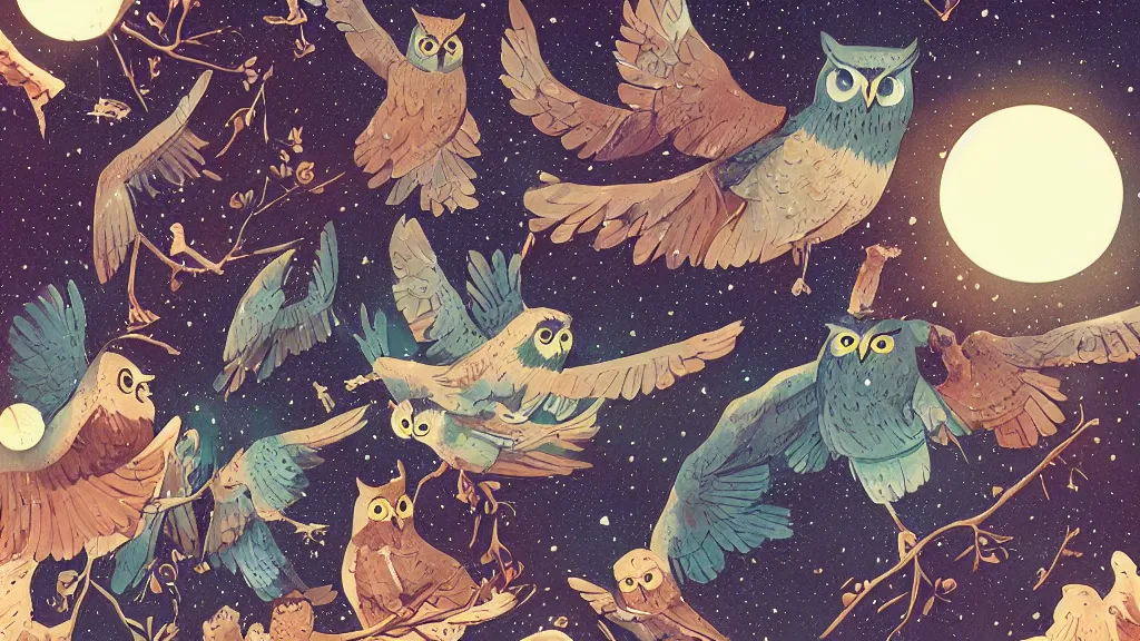 Prompt: very detailed, ilya kuvshinov, mcbess, rutkowski, watercolor illustration of owls flying at night, colorful, deep shadows, astrophotography, highly detailed, wide shot