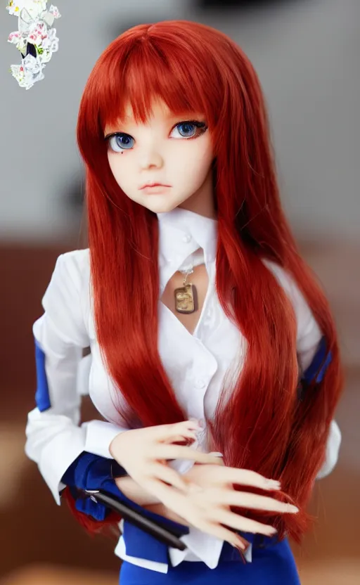 Image similar to dollfie in office suit with skirt, red hair, blue eyes,