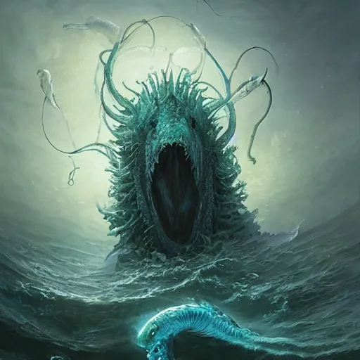 Image similar to sea beast of the depths in the style of michael whelan and h. p. lovecraft. hyperdetailed photorealism by greg rutkowski