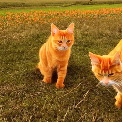 Prompt: two orange tabby cats frolicking in a field of clouds