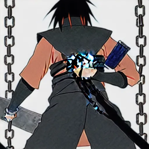 Image similar to A FULL BODY PORTRAIT FROM BEHIND OF MADARA UCHIHA ,THE MAN KEEPS A KUSARIGAMA AND IT IS WRAPPED IN CHAINS ,detailed, concept art, ink style , sketch