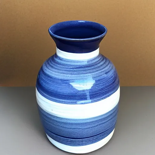 Image similar to ceramic tall vase with round handles and blue strips