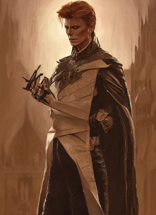 Prompt: david bowie as medieval prince, intricate, elegant, highly detailed, digital painting, artstation, concept art, smooth, sharp focus, illustration, game of thrones, art by greg rutkowski and alphonse mucha and aleksi briclot