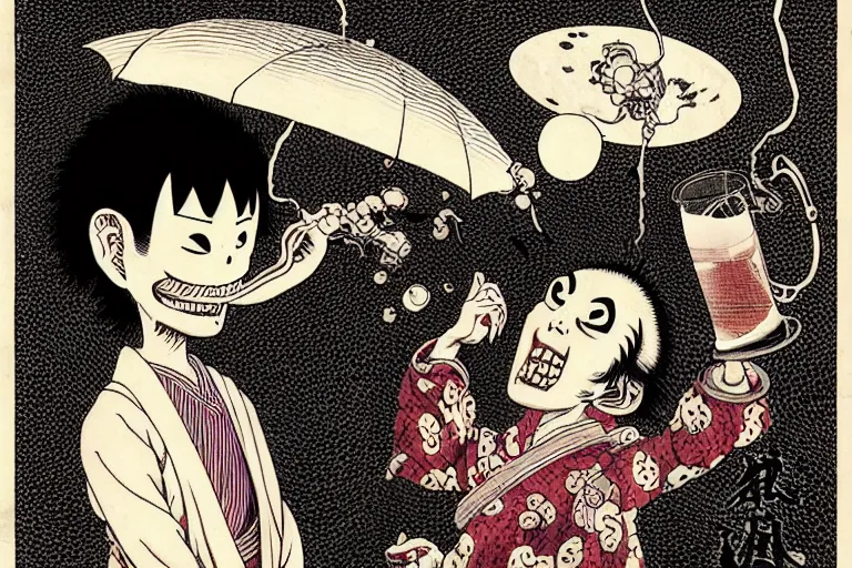 Prompt: junji ito, detailed by satoshi kon, ukiyo - e engraving of one alone man in samurai suit sitting and drinking foamy beer from a glass happy face beautiful, joe fenton, akira toriyama, artstation