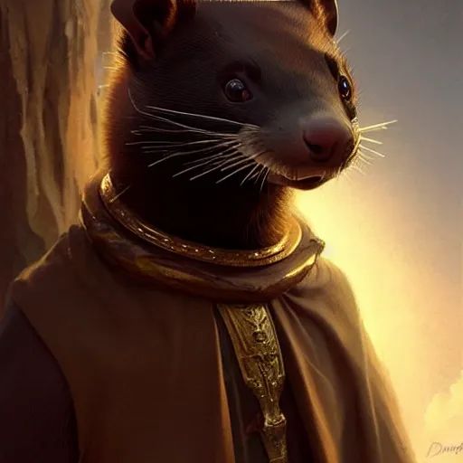 Prompt: a beautiful closeup shot from a fantasy film of a humanoid black ferret with golden eyes wearing a loose tunic. an anthropomorphic ferret. joseph ducreux, greg rutkowski.