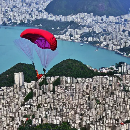 Image similar to view while parachuting down towards the slums of Rio, highly detailed, realistic