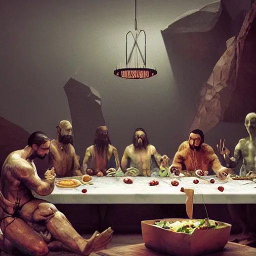 Prompt: hungry cannibals making a rich salad around a marble table, !!positioned as last supper cinematic lighting, dramatic framing, highly detalied, 4k, artstation, by Wayne Barlowe and Rene Lalique