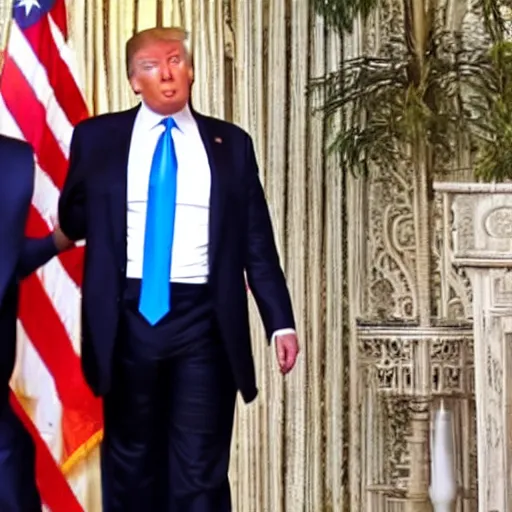 Image similar to News still of Donald Trump being handcuffed and arrested at mar-a-lago