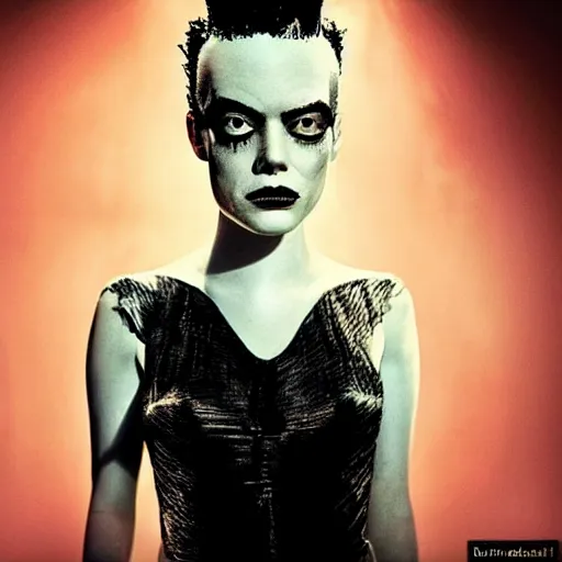 Image similar to emma stone as the bride of frankenstein, bride of frankenstein hair, universal, movie, photography, portrait, beautiful,