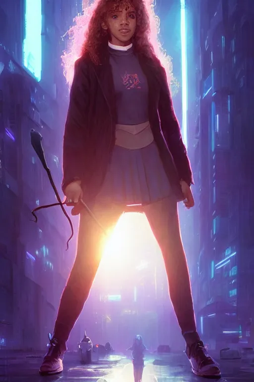 Image similar to portrait of Hermione Granger in cyberpunk, neon lighting, night city, digital art from artstation by Ruan Jia and Mandy Jurgens and Artgerm and william-adolphe bouguereau and Greg Rutkowski and Wayne Barlowe