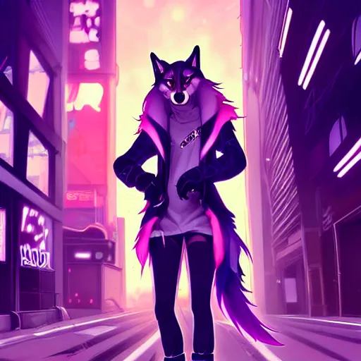 Image similar to beautiful furry art full body commission of an androgynous furry anthro wolf fursona wearing punk clothes in the streets of a cyberpunk city. neon signs. character design by charlie bowater, ross tran, artgerm, and makoto shinkai, detailed, inked, western comic book art