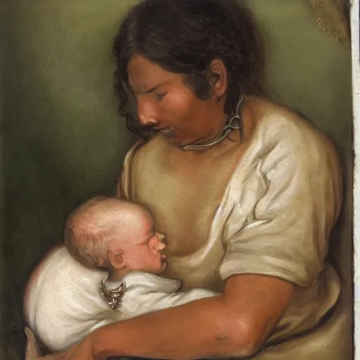 Image similar to human mother nursing a baby with cow teeth