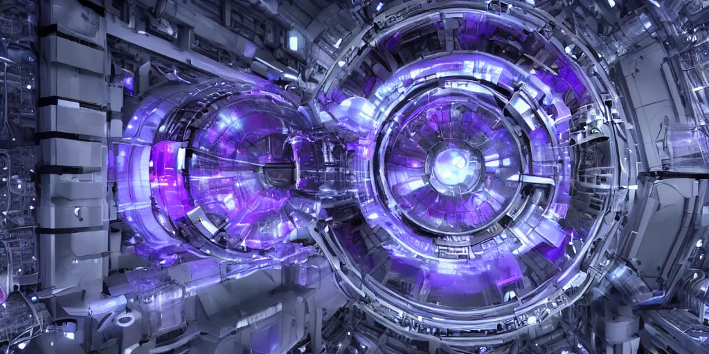 Prompt: purple indigo hadron antimatter vacuum reactor. cern accelerator. techno - magical, dieselpunk, reality shifting device. a gizmo, artifact, or machine high tech space age antimatter nacelle. photorealistic. 4 k. god rays. highly detailed. vray rendering. unreal engine.