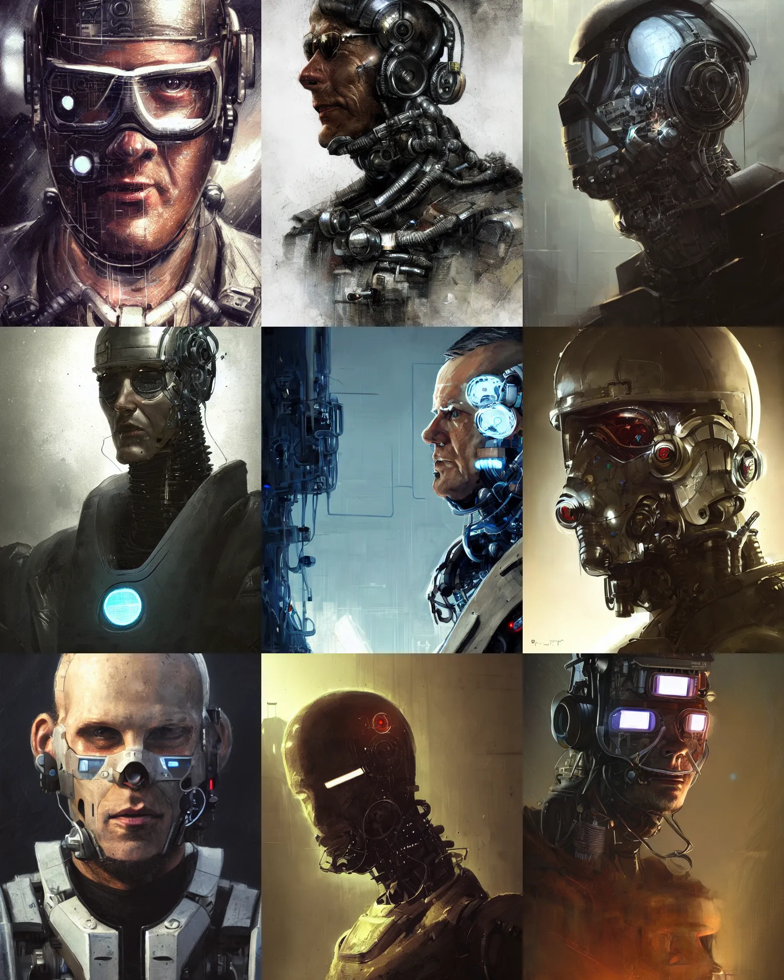Prompt: a half - masked rugged laboratory engineer man with cybernetic enhancements as seen from a distance, cyber scifi character portrait by greg rutkowski, esuthio, craig mullins, 1 / 4 headshot, cinematic lighting, dystopian scifi outfit, gritty, profile picture, mechanical, cyborg, half robot, implants, dieselpunk