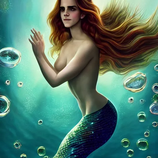 Image similar to a epic mark brooks painting of emma watson as a mermaid under water, 8 k, ultra detailed, lighting, water bubbles, sparkling, beautiful scaly mermaid tale, illustration, trending on art station, digial art by lois van baarle