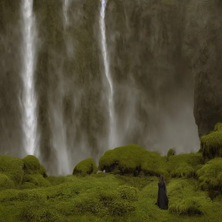 Prompt: dark and moody 1 9 8 0's artistic color spaghetti western film, a giant tall huge woman in an extremely long dress made out of waterfalls, standing inside a green mossy irish rocky scenic landscape, huge waterfall, volumetric lighting, backlit, atmospheric, fog, extremely windy, soft focus, by ansel adams and wes anderson