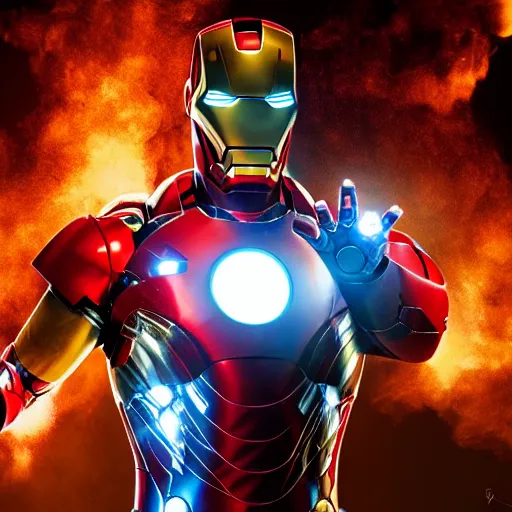 Image similar to iron man, scene from the avengers, explosions, fire, tanks, military, battlefield, war photography