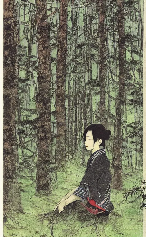 Prompt: by akio watanabe, manga art, dirt and japanese pines, trading card front, kimono, realistic anatomy, sun in the background