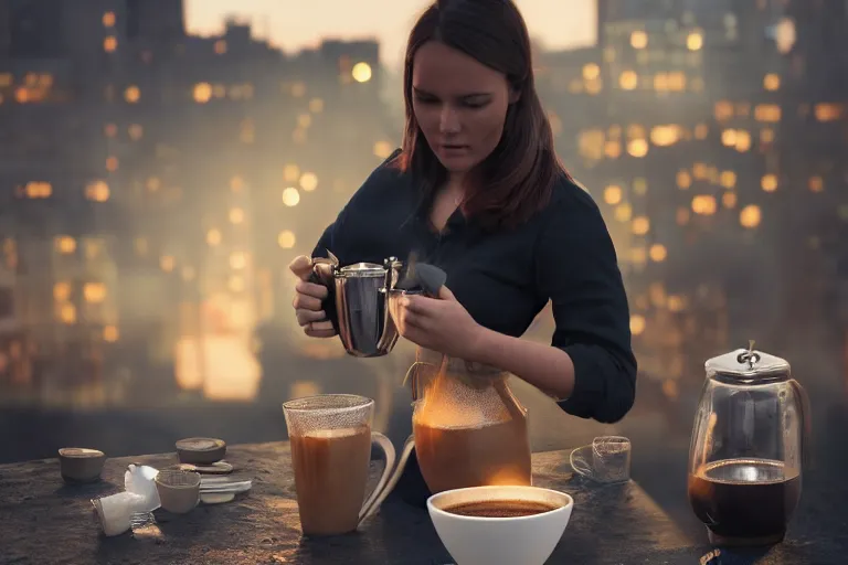 Image similar to hyperrealistic portrait of stunningly beautiful female nordic barista, brewing a V60 coffee outdoor, lit by dawn light, busy city on background, trending on artstation,ultrawide angle, f8 , polarizer , unreal engine