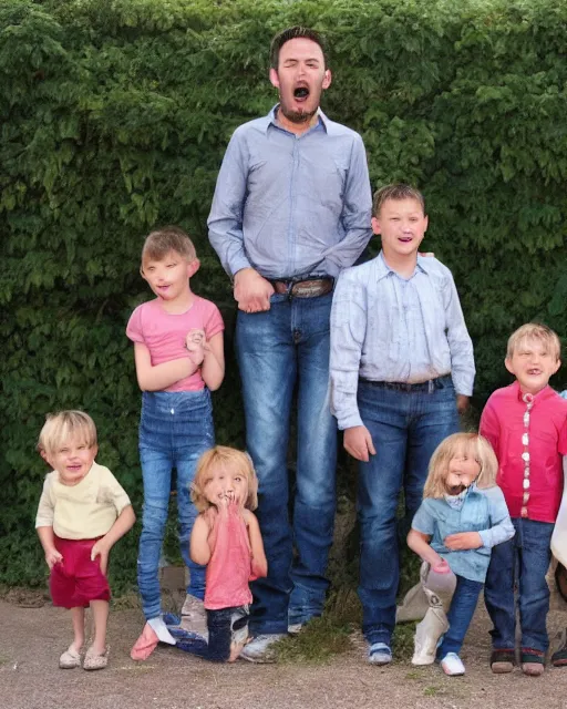 Prompt: a man with five children protecting a jeans and screaming