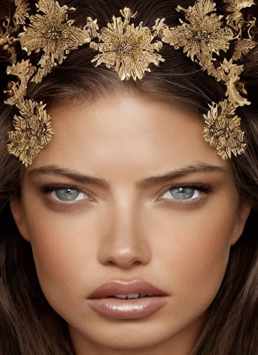 Image similar to an oil on canvas portrait! face-close-up of Adriana Lima as Galadriel , wavy hair covered by an orchid floral crown. The royal dress is made of intricate gold and silver threads with jewellery, composing complex geometrical patterns, zenithal lighting, shot on 70 mm, by Alina Ivanchenko and Hirothropologie and Patrick DeMarchelier .