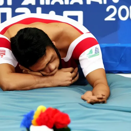 Prompt: asian gigachad in olympics competitive sleeping