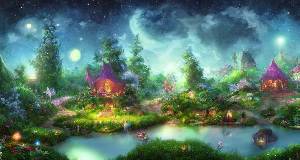 Image similar to a whimsical fairyland with a pond, starry sky, ambient lighting, fantasy art, computer render style art, unreal engine