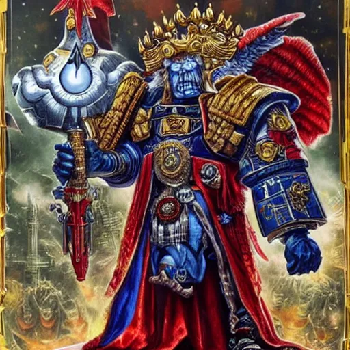 Prompt: donald trump as the god emperor of mankind, warhammer 4 0 k universe, immense detail, by john blanche