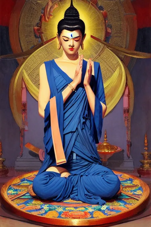 Prompt: buddhism, temple, blue clothes, painting by greg rutkowski, j. c. leyendecker, artgerm