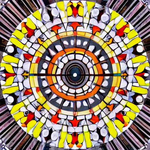 Prompt: a circular pattern of red yellow and grey - blue eye shapes, intricate, made of wood