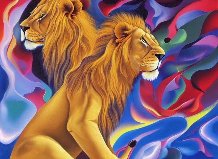 Prompt: An oil on canvas painting of two lions, void vortex, cosmic, by Wojciech Siudmak and Giacomo Balla, aesthetically pleasing composition, masterpiece, ultra realistic, super realistic, 4k, 8k