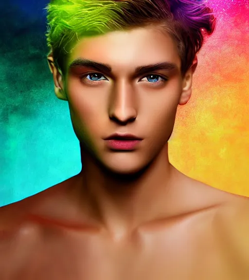 Image similar to photo realistic digital art of the most handsome young man in the world, he is seductive, beautiful and has multicoloured eyes that shine. very colourful background