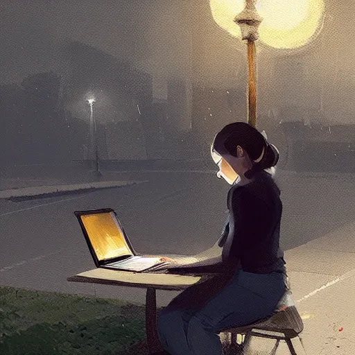 Image similar to a girl working on her laptop, city park, street lighting, greg rutkowski, digital painting