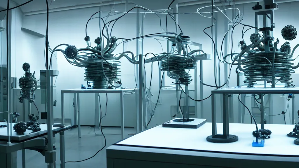 Image similar to a octoidal mri 3 d printer machine and control panels in the laboratory inspection room making organic forms, film still from the movie directed by denis villeneuve with art direction by salvador dali, wide lens